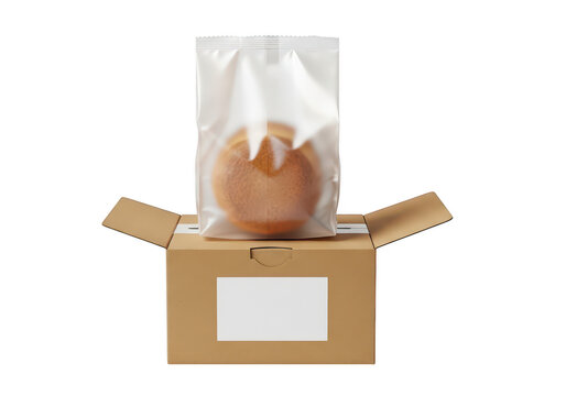 A single round cookie inside a clear plastic bag sitting inside a small brown box isolated on transparent background