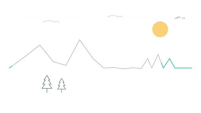 Minimal line art animation mountains lake waves trees birds sun calm loop
