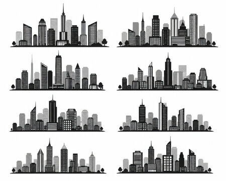 Set of black city skyline silhouettes and urban building icons