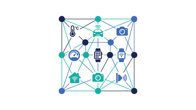 Internet of things network with connected smart devices and sensor icons in a node grid, flat vector IoT technology concept