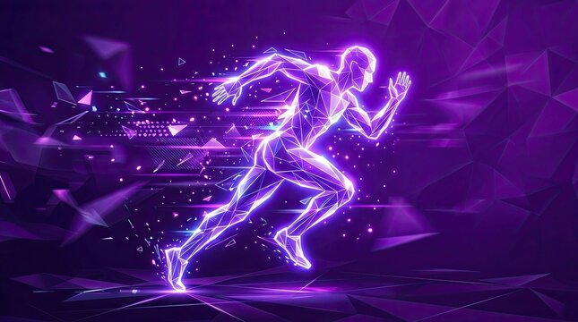 Glowing purple neon digital silhouette of a runner.