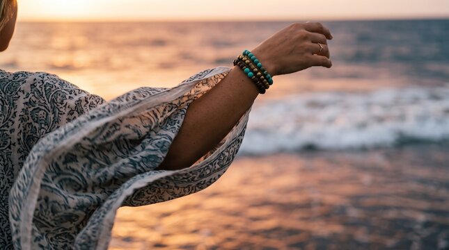 Macro photo of woman's arm in kaftan sleeve showing woman's features showing delicate skin pores natural beauty details and high-resolution skin texture with professional studio lighting