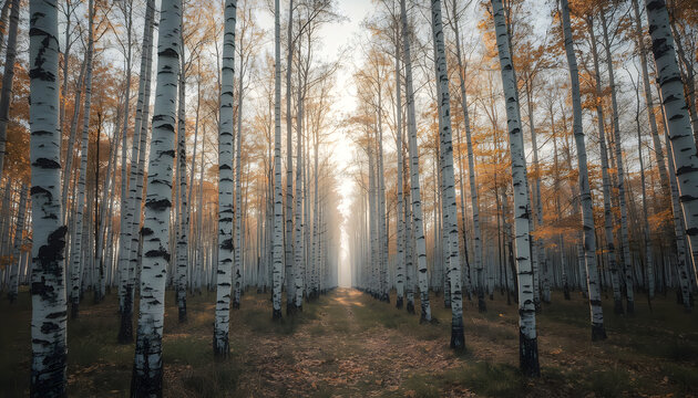 Birch Forest with Golden Sunlight and Fog in Autumn Season