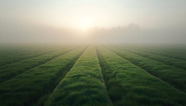 Green grass field rows in morning fog during sunrise