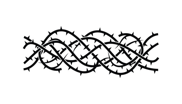 Black thorny branches silhouette border vector illustration with intertwined crown of thorns pattern isolated on white background