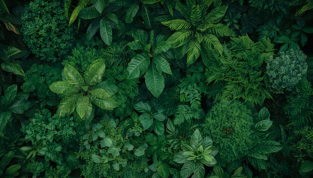 Lush Tropical Green Leaves Pattern Top View Background