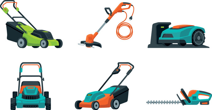 Lawn Mower and Garden Power Tools Vector Collection Featuring Electric Grass Cutters Robotic Mowers and Hedge Trimmers for Landscaping and Yard Maintenance Designs