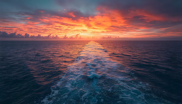 Boat Wake trailing on Ocean Surface during vibrant Orange Sunset