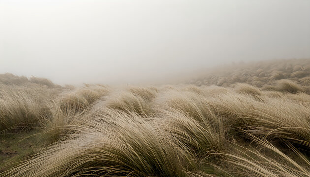 Tall dry grass blowing in wind on misty mountain hillside