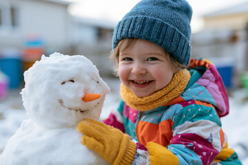 Obraz premium Child laughs beside snowman. Wears bright winter coat and knitted hat. Gloved hand gently rests on snowman's cheek. Snowman has carrot nose and simple smile. Background shows blurred snowy yard