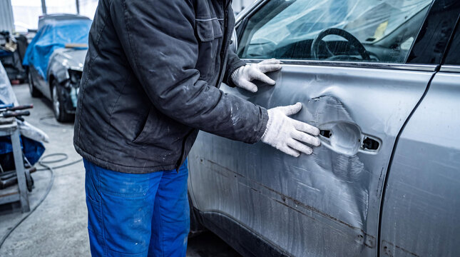 Gloved technician's hands examining a dented car door and missing handle inside an auto body repair workshop