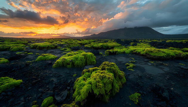 Vibrant Green Moss on Black Volcanic Lava Field in Iceland during Dramatic Sunset