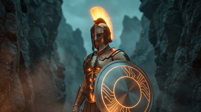 Ancient Roman or Greek warrior in full armor, a powerful Spartan soldier with glowing shield and helmet crest, standing heroically in a dark, rocky canyon, symbolizing strength, courage