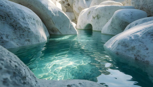 Turquoise Water flowing between White Smooth Rocks in Mountain Stream