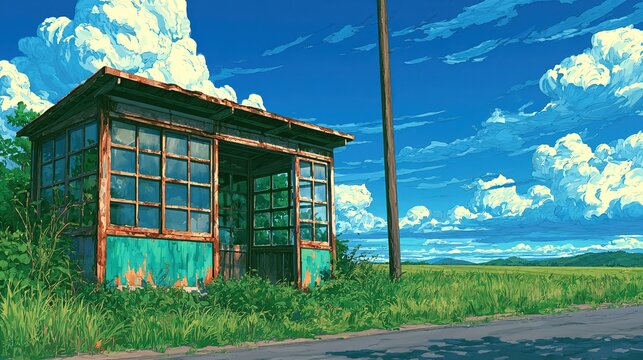 Scenic anime landscape illustration, old weathered bus shelter on country roadside, rusted metal and glass panes with peeling faded teal lower panels, overgrown green grass foliage, narrow paved road 