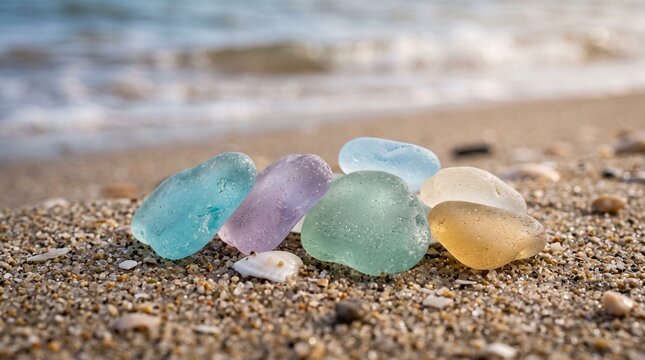 Macro photo of sea glass pieces on beach showing glass object showing pure transparent material light reflection refraction and smooth polished edges with professional studio lighting