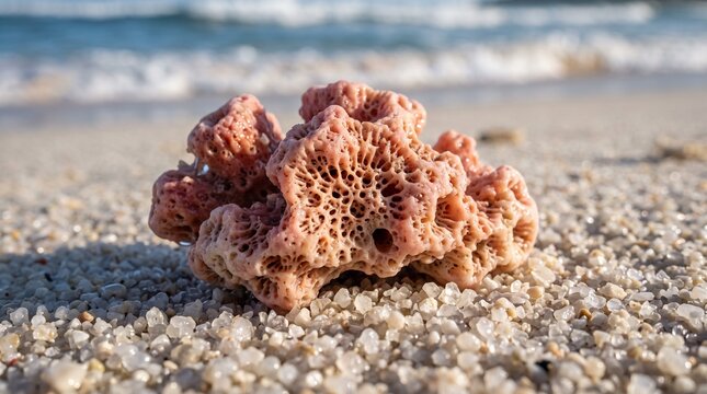 detailed Macro photo of pink coral on beach sand showing abstract micro structural details and textures with professional studio lighting