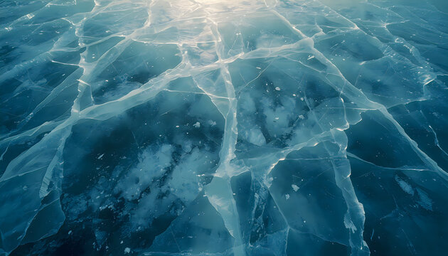 Cracked Ice Surface with Deep Blue Texture and Geometric Patterns in Winter