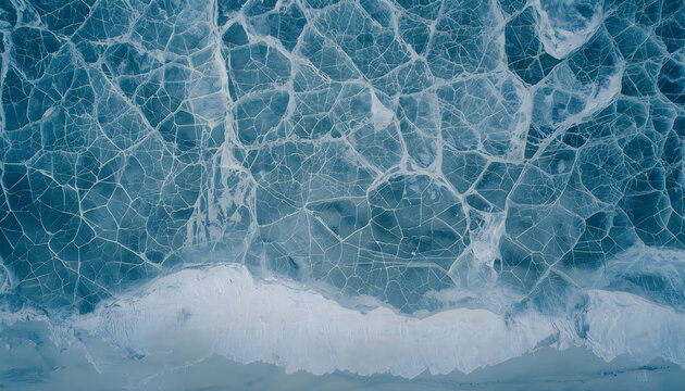 Cracked Blue Ice Texture on Frozen Lake Surface Close-up