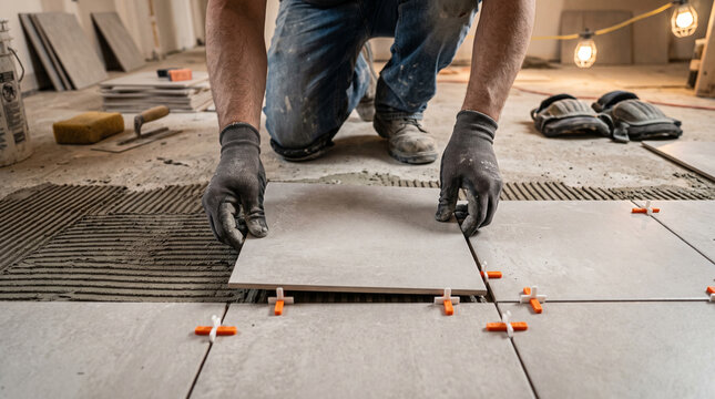 Worker laying ceramic floor tiles with orange spacers on adhesive mortar during home renovation