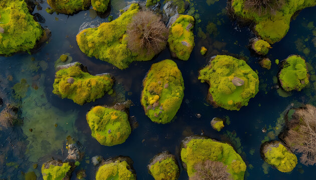 Mossy rocks in dark water aerial view of river landscape