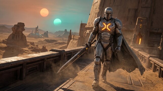 Futuristic armored warrior in a desert landscape, a lone sci-fi mercenary with a glowing chest emblem and cape, walking on an alien planet under twin suns