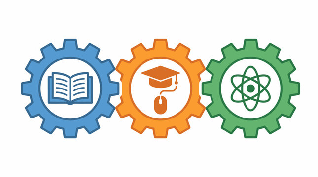 Gears featuring symbols of a book, a graduation cap with a mouse, and an atom illustrate the integrated process of modern education and scientific research.