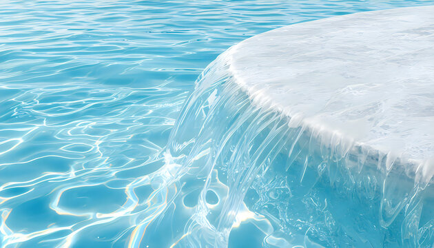 Water cascading over pool edge creating ripples and blue reflections