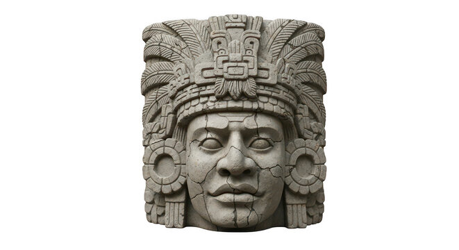 Ancient mayan stone carved mask head sculpture with intricate traditional patterns isolated on transparent background