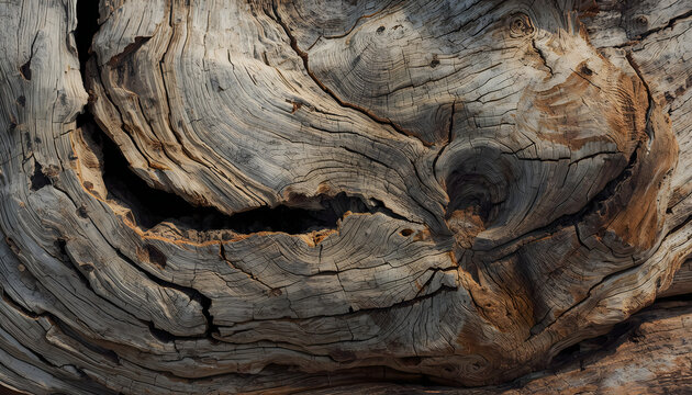 Weathered Tree Bark Texture with Deep Cracks and Swirling Grain Patterns Close-up