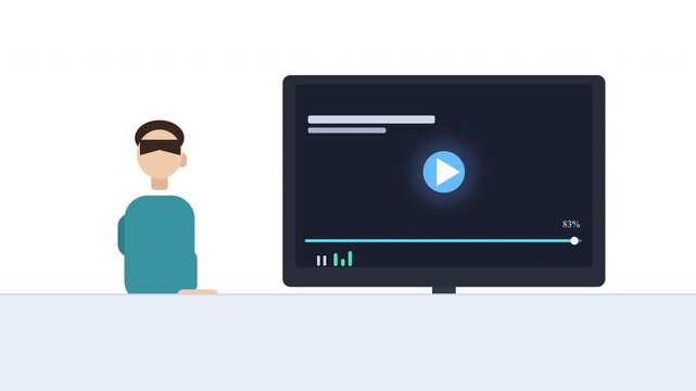 Online learning animation young man in virtual education cartoon character on computer screen