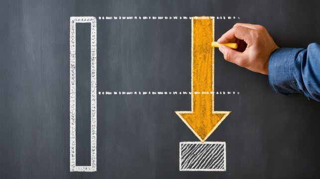 Person drawing an arrow pointing down on a blackboard. Business strategy and problem solving concept.