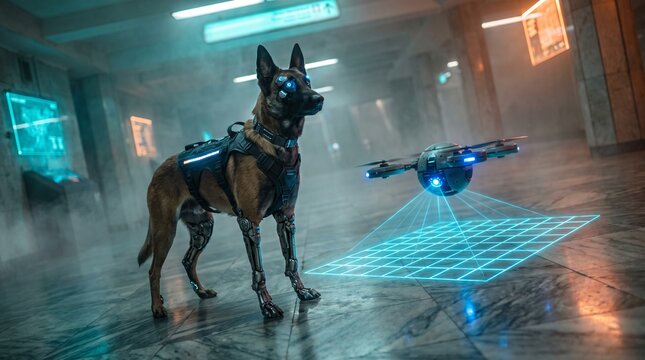 Futuristic cybernetic police dog, a high-tech K9 unit with glowing blue eyes and tactical gear, standing next to an autonomous drone scanning a holographic grid in a dark
