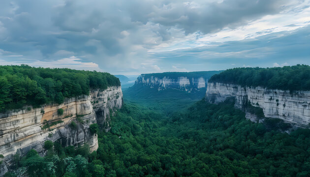 Canyon landscape with steep limestone cliffs and dense green forest under cloudy sky