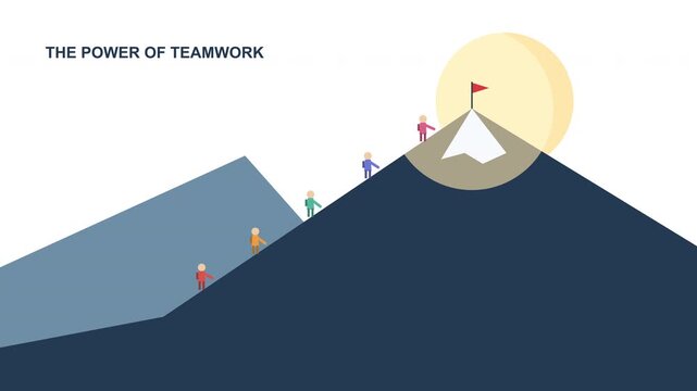 Teamwork concept animation people climbing mountain peak to success goal flag