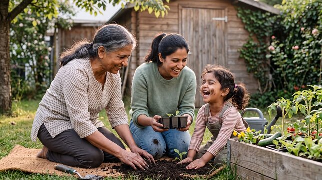 Drei Generationen einer s&uuml;dasiatischen Familie pflanzen lachend gemeinsam Setzlinge im Garten neben einem Hochbeet