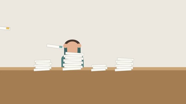 Cartoon animation of an overwhelmed office worker buried in documents, stress, workload