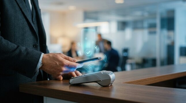 Man making mobile payment using smartphone with contactless terminal modern pay via contactless