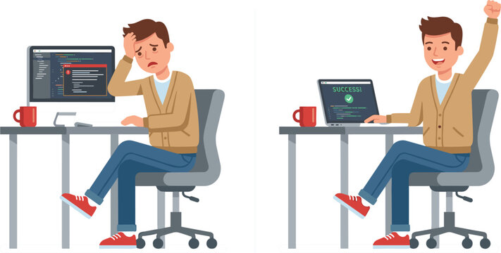 Stressed programmer facing system error vs happy developer celebrating successful software code fix vector illustration isolated on white background