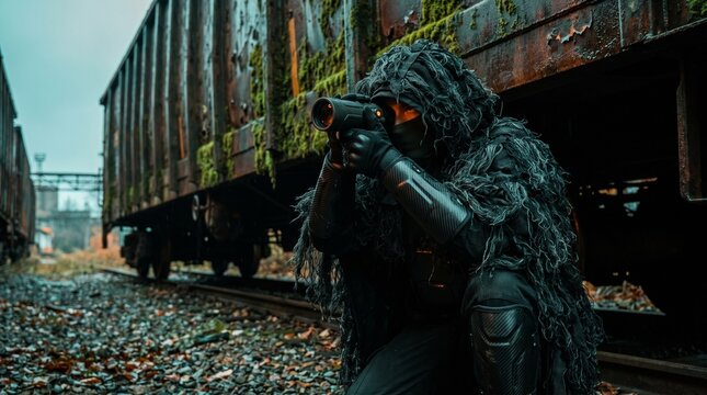 Stealthy sniper in a ghillie suit, aiming a rifle, camouflaged in a desolate industrial landscape. A lone soldier in tactical gear, a military operation or survival scenario
