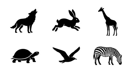 Fototapeta premium Diverse Animal Silhouettes Collection: Wolf, Rabbit, Giraffe, Turtle, Bird, Zebra Icons