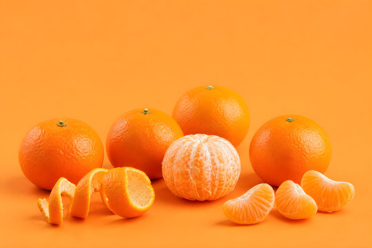 Peeled mandarins with bright segments on orange
