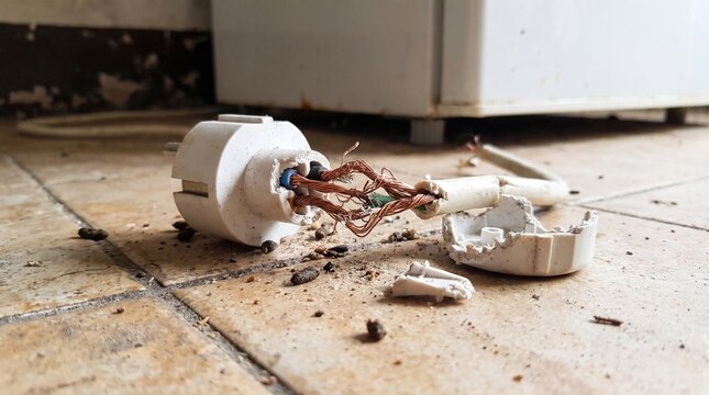 Rat damage to refrigerator power cord and plug, exposing wires and leaving droppings on floor.