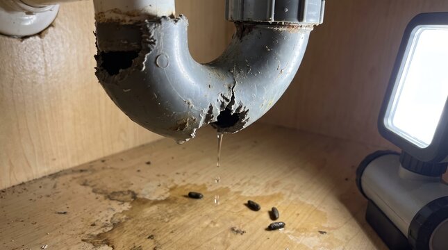 Rat gnawed pipe under sink causing leak and rodent droppings on wooden surface, pest control needed