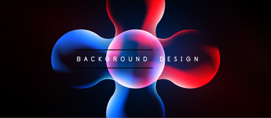 Naklejka premium Abstract vibrant design features flowing shapes, blue, red, pink hues. Dark background enhances luminosity, creating dynamic visual impact.
