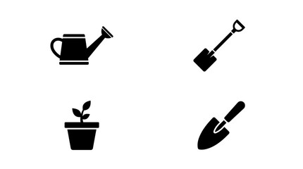 Gardening essentials displayed as black silhouettes against a clean white background include a watering can, a shovel, a small potted plant, and a handheld trowel. © yanto
