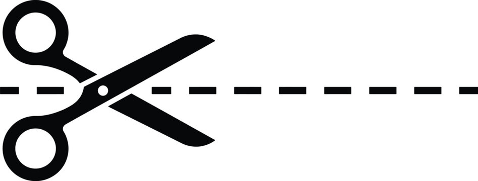 Black scissors icon with dashed cut line, coupon border vector, voucher symbol