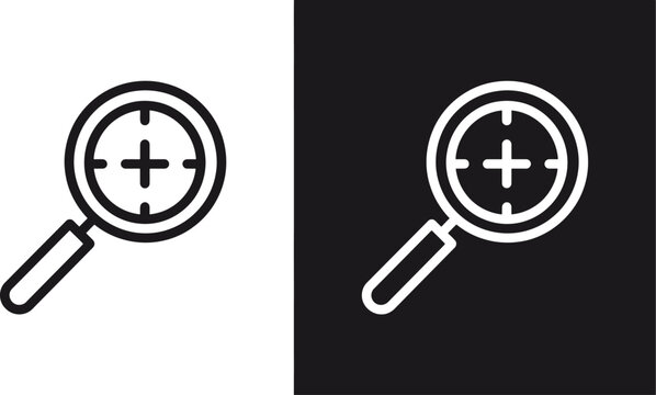 Magnifying glass icon with target crosshair, search zoom vector, focus symbol