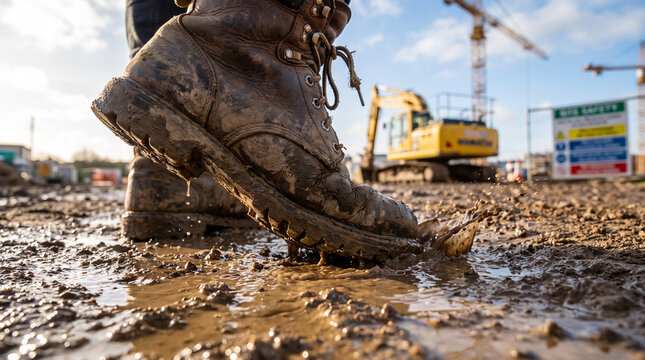 Muddy work boot stepping into a puddle on a construction site - splash, mud and heavy equipment in background