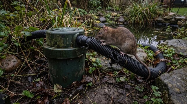 Rodent pest damage: Rat gnawing on outdoor water filter tubing near a garden pond.